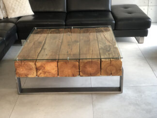 stolik kawowy z belek starego drewna, szkła, stali, poznań