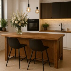 wyspa kuchenna stół barowy drewniany, wyspa wysuwanym stołem
