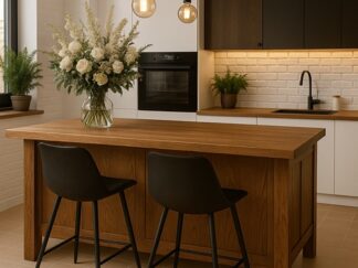 wyspa kuchenna stół barowy drewniany, wyspa wysuwanym stołem