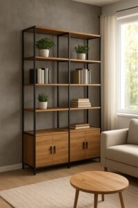 szafka na książki, metalowy regał z drewnianymi półkami i szafkami, Meble drewniane - wyposarzenie wnętrz, Poznań