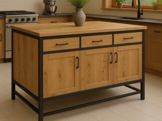 wyspa kuchenna loft, wyspa na metalowym stelażu, wyspa z szafkami i szufladami,