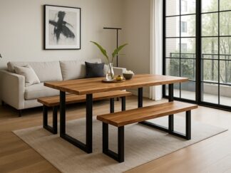 dębowy stół z metalowymi nogami