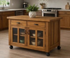drewniana wyspa kuchenna na kółkach. wyspa przeszklona, mobilna wyspa kuchenna,