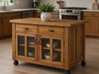 drewniana wyspa kuchenna na kółkach. wyspa przeszklona, mobilna wyspa kuchenna,