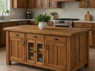 rustykalna wyspa kuchenna z szafkami i szufladami