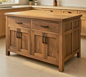 drewniana wyspa kuchenna z szafkami, na wymiar, na zamówienie, producent mebli,