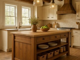 wyspa kuchenna z szufladami, drewniana wyspa w kuchni, wyspa dębowa na zamówiennie