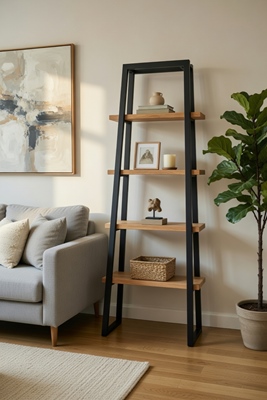 regał metalowy z drewnianymi półkami