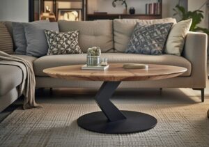 okrągły stolik kawowy, nowoczesny stolik kawowy, stolik dębowy na metalowej nodze,