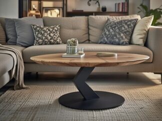 okrągły stolik kawowy, nowoczesny stolik kawowy, stolik dębowy na metalowej nodze,