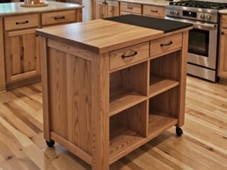 drewniana mobilna wyspa kuchenna na kółkach.