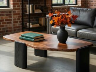 stolik kawowy nieregularny, dębowy, do salonu, na 3 nogach