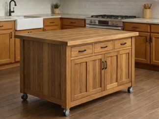 wyspa kuchenna dębowa, wyspa na kółkach, wyspa z szafkami i szulfadami,