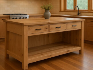 drewniana wyspa kuchenna z 3 szufladamii dużą półką